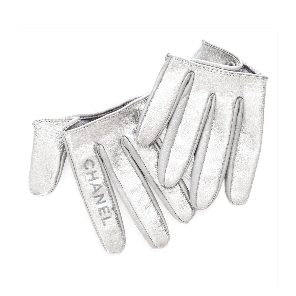 Authentic Chanel Silver Leather Gloves Size S